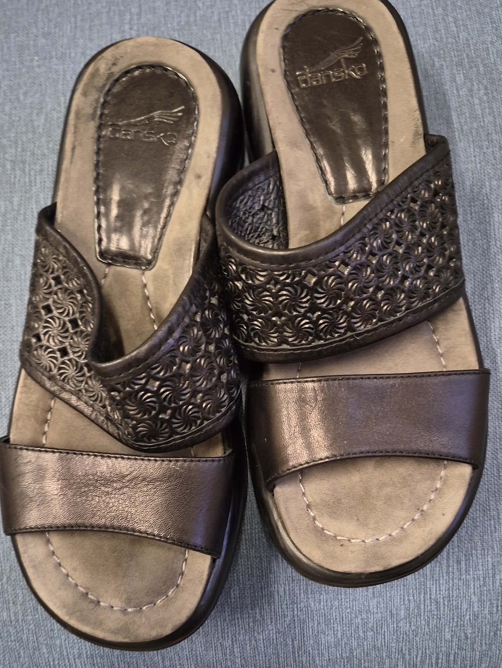 Dansko Women's Black Leather Slide Sandals with Decorative Upper